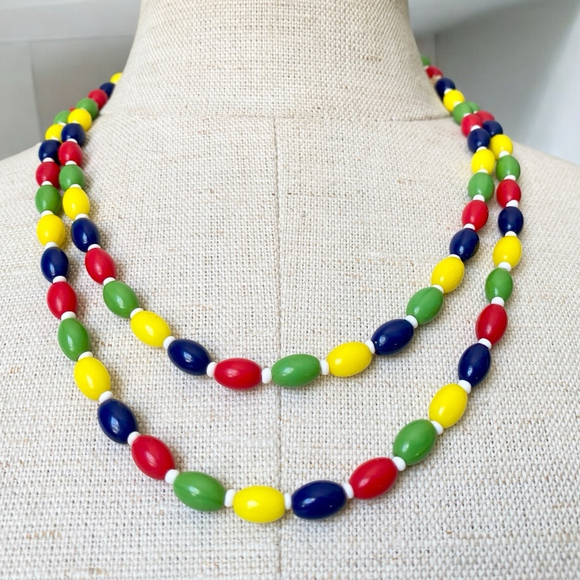 Long Antique Art Deco Czech Harlequin Multicolour Glass Flapper Necklace 40” - Picture 1 of 5